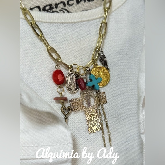 Picture jasper and turquoise bohemian/colorful necklace charms adorned - Picture 1 of 3